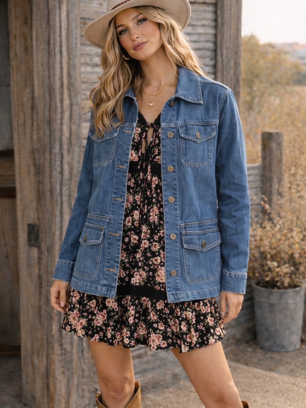 Cherokee Denim Jacket XL Button Front Medium Wash Utility Style Casual Classic